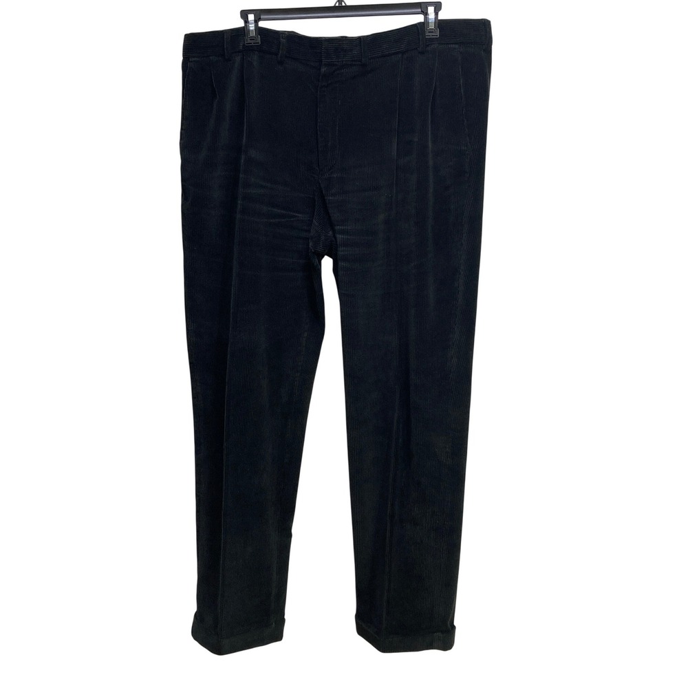 Lands End Mens 44 Black Corduroy Pants Traditional Fit‎ Pleated Cuffed Cotton